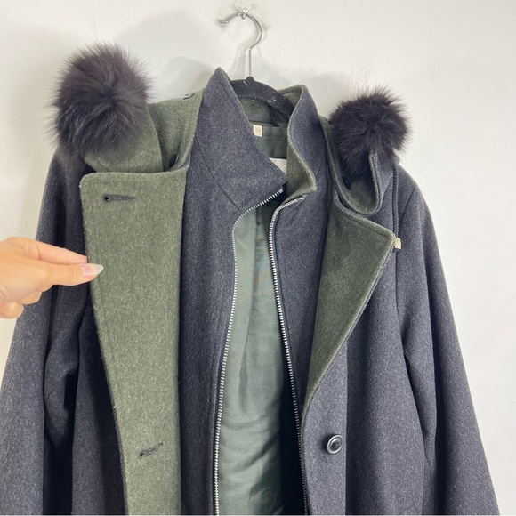Vtg Italian made grey green wool blend LODEN coat removable fur trim hood EU 38 - Picture 8 of 17